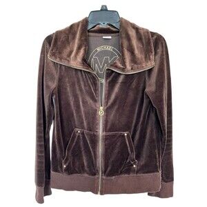 MICHAEL KORS Velour Brown Track Jacket Womens Sz M Full Zip High Neck